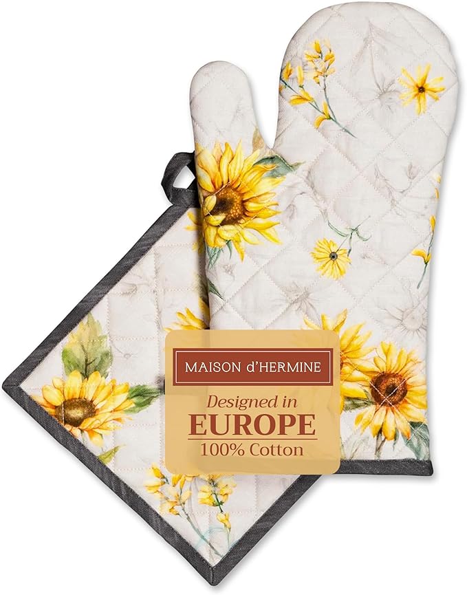 Maison d' Hermine 100% Cotton Oven Mitt & Pot Holder Set (7.5"x13" & 8"x8") Heat Resistant BBQ Cooking Gloves with Loop Baking Grilling Kitchen Hotel Home Farmhouse Spring Summer (Candice)