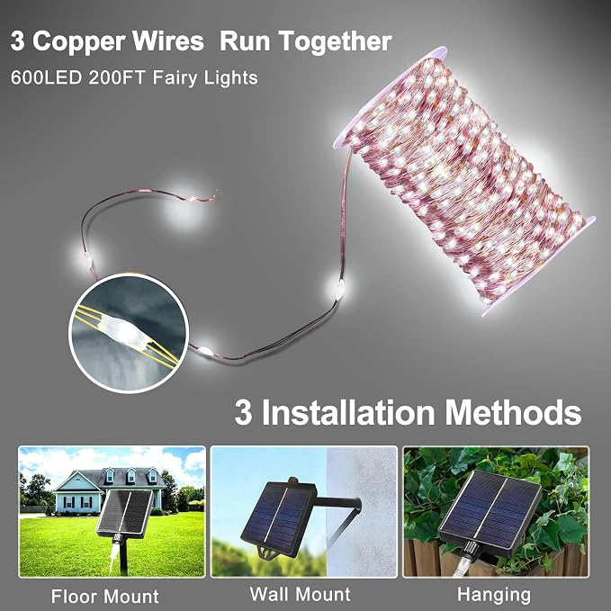 KNONEW 203FT 600LED Solar Fairy String Lights Outdoor Cool White 8 Modes | 8 Modes IP44 Waterproof Copper Wire Extra Long for Garden Patio Yard Christmas Wedding Party Indoor Outdoor