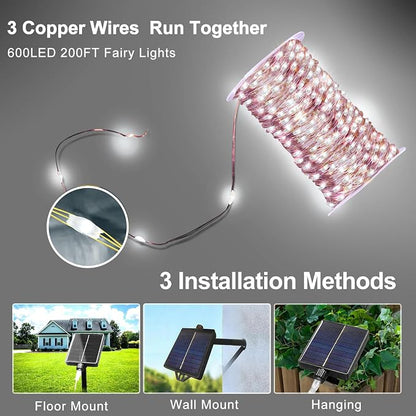 KNONEW 203FT 600LED Solar Fairy String Lights Outdoor Cool White 8 Modes | 8 Modes IP44 Waterproof Copper Wire Extra Long for Garden Patio Yard Christmas Wedding Party Indoor Outdoor