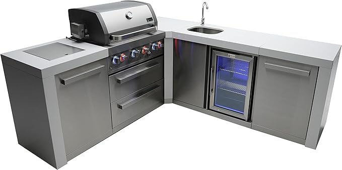 Mont Alpi Premium 82"W x 88"D L-shaped Deluxe Stainless Steel Modular Outdoor Kitchen Island with Beverage Center Refrigerator Faucet & Sink + 32"W 4-Burner BBQ Gas Grill + Storage Cabinets & Drawers