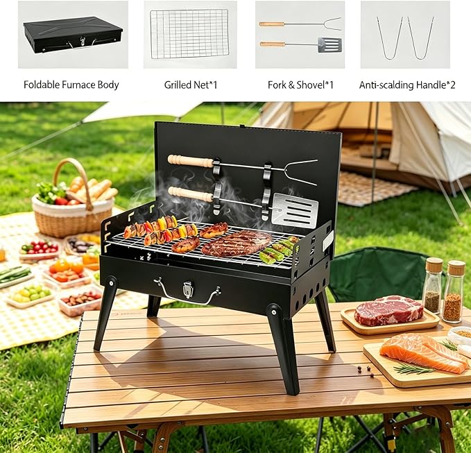 Portable Foldable Charcoal Grill Tabletop BBQ Suitcase with Grill Shelf Carry Bag Desktop Compact Charcoal Grill for Outdoor Camping and Picnic Grilling 16.7x10x17.7in (Black)