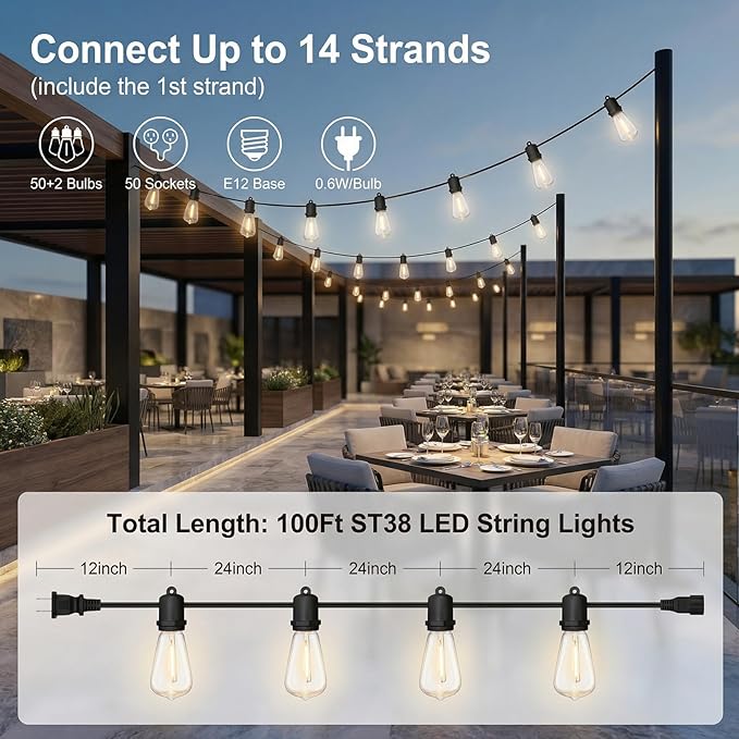 100FT LED Outdoor String Lights - 52 Shatterproof ST38 Edison Bulbs - Waterproof Patio Decor for Outside - Dimmable Bistro Cafe Hanging Lights