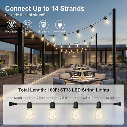 100FT LED Outdoor String Lights - 52 Shatterproof ST38 Edison Bulbs - Waterproof Patio Decor for Outside - Dimmable Bistro Cafe Hanging Lights