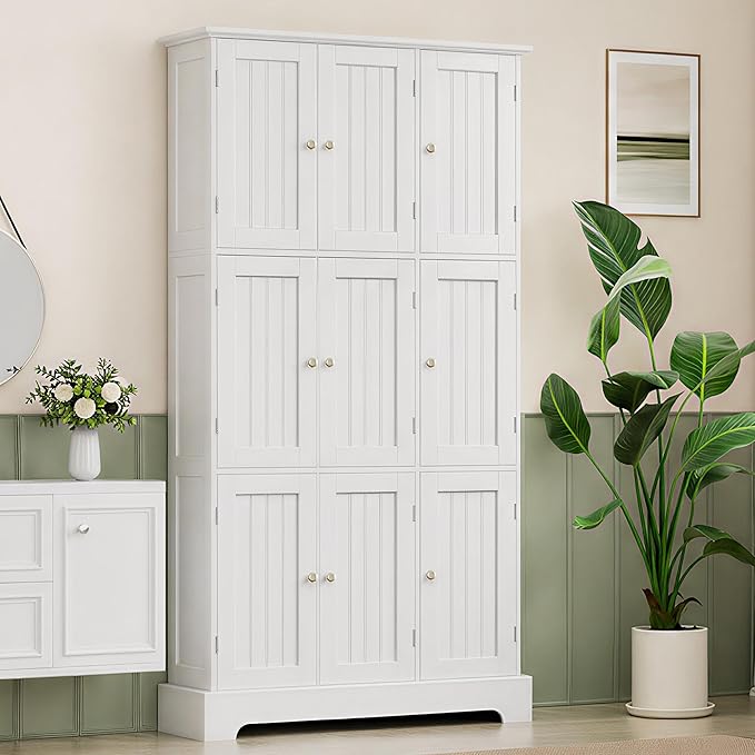 ChooChoo 63.2" Tall Bathroom Storage Cabinet with 9 Doors | Narrow Floor Cabinet, Adjustable Shelves, Slim Pantry Cabinet for Bathroom, Kitchen, Laundry Room, White