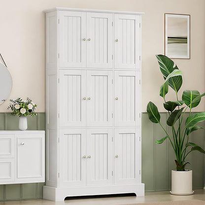 ChooChoo 63.2" Tall Bathroom Storage Cabinet with 9 Doors | Narrow Floor Cabinet, Adjustable Shelves, Slim Pantry Cabinet for Bathroom, Kitchen, Laundry Room, White