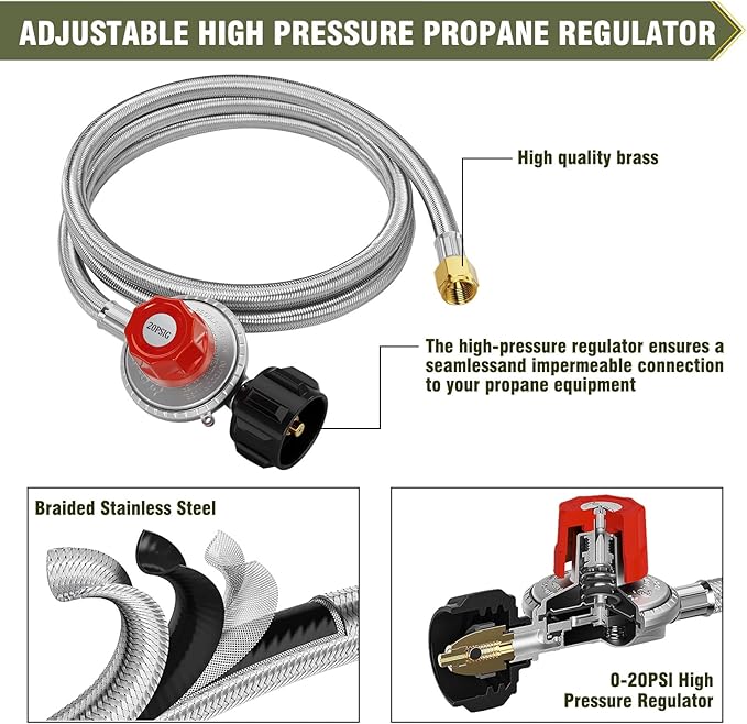 BESTFIRE High Pressure Cast-Iron Propane Burner Head,Taper Burner Head with 20 PSIG Adjustable High Pressure Propane Regulator with Hose and Brass Fitting for Propane Burner Head for Cooking Outdoor