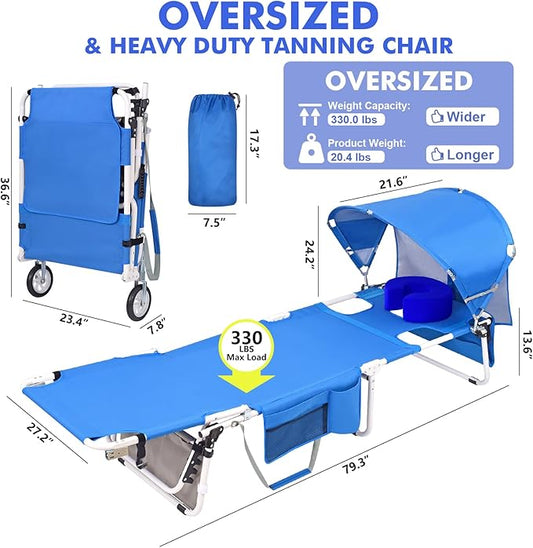 Wheel-To-Go Oversized Tanning Chair with Face Hole & Wheels | Portable Heavy Duty Folding Lounge Chair | Outside Sunbathing Reading Relaxing Beach Poolside Lawn | XL Wide | 330 LBS (Patent Design)