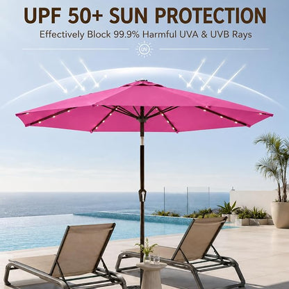 11FT Solar Lighted Patio Umbrella, Outdoor Table Market Umbrellas with Crank Lift, 32 LED Lights, 8 Sturdy Ribs, UV-Resistant for Deck, Garden, Pool