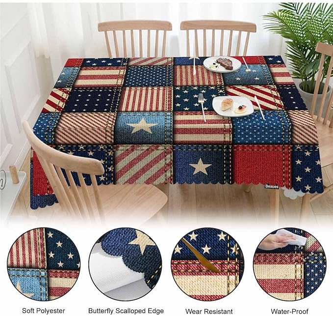 American Flag Tablecloth for Rectangle Tables Denim Patchwork of American Flag Picnic Table Cover Indoor and Outdoor Table Cloth Camping Tablecloths for Dinner Kitchen 52"X70"