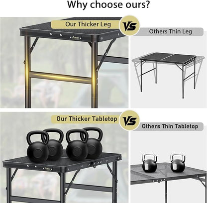 Anbte 2ft Folding Grill Table Max 29.5", 3 Adjustable Height Lightweight Camping Table with Heat-Resistant Mesh Tabletop Portable Handle, Waterproof, for Cooking BBQ Outdoor, 22.8" X 16", Black