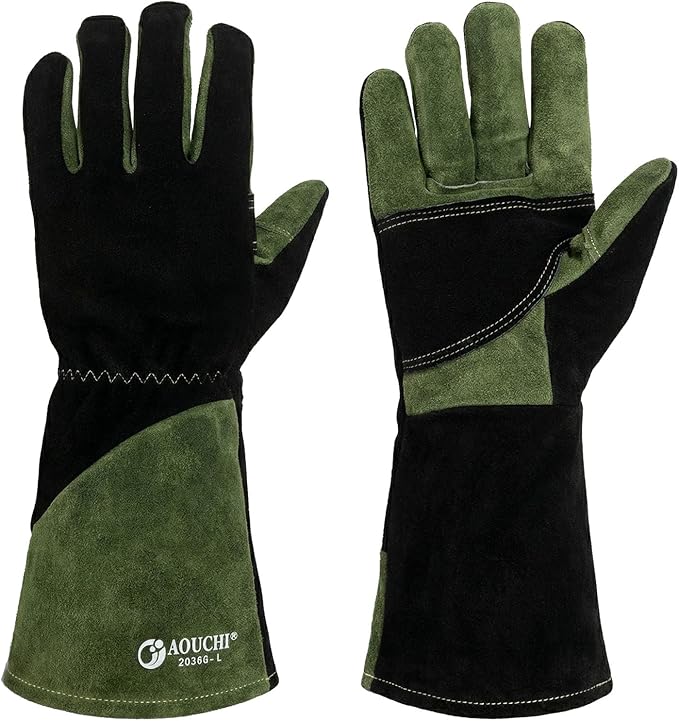 Leather Welding Gloves, Heat Fire Resistant, Mitts for BBQ Oven Grill Fireplace TIG MIG Forge Baking Furnace Stove Pot Holder Animal Handling. L, Black-green