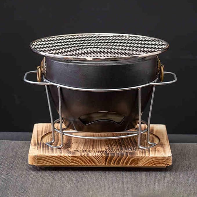 1Set Clay Charcoal Stove, Indoor Pottery Barbecue Stove, Tabletop Pottery Fire Stove, with a Wooden Pads and Grill, Metal Mesh, for Cooking Tea Stove(Black)