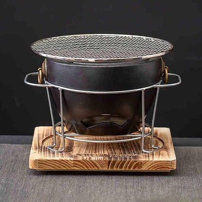 1Set Clay Charcoal Stove, Indoor Pottery Barbecue Stove, Tabletop Pottery Fire Stove, with a Wooden Pads and Grill, Metal Mesh, for Cooking Tea Stove(Black)