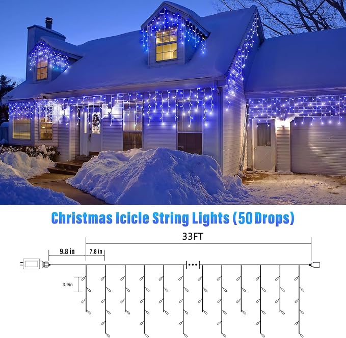 Joomer 33FT Christmas Icicle Lights Outdoor Connectable White & Blue | 50 Drops 8 Modes Timer Waterproof Plug-in String Light for Christmas Party, holiday Eaves Roof yard Xmas Decorations
