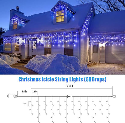 Joomer 33FT Christmas Icicle Lights Outdoor Connectable White & Blue | 50 Drops 8 Modes Timer Waterproof Plug-in String Light for Christmas Party, holiday Eaves Roof yard Xmas Decorations