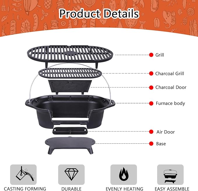 Cast Iron Hibachi Grill, Portable Charcoal Hibachi Grills with Double-Sided Grill Grate, 100% Cast Iron, Compact Camping Charcoal Cooker for Tailgating, Picnics & Hunting (Oval)