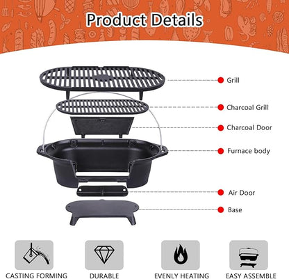 Cast Iron Hibachi Grill, Portable Charcoal Hibachi Grills with Double-Sided Grill Grate, 100% Cast Iron, Compact Camping Charcoal Cooker for Tailgating, Picnics & Hunting (Oval)