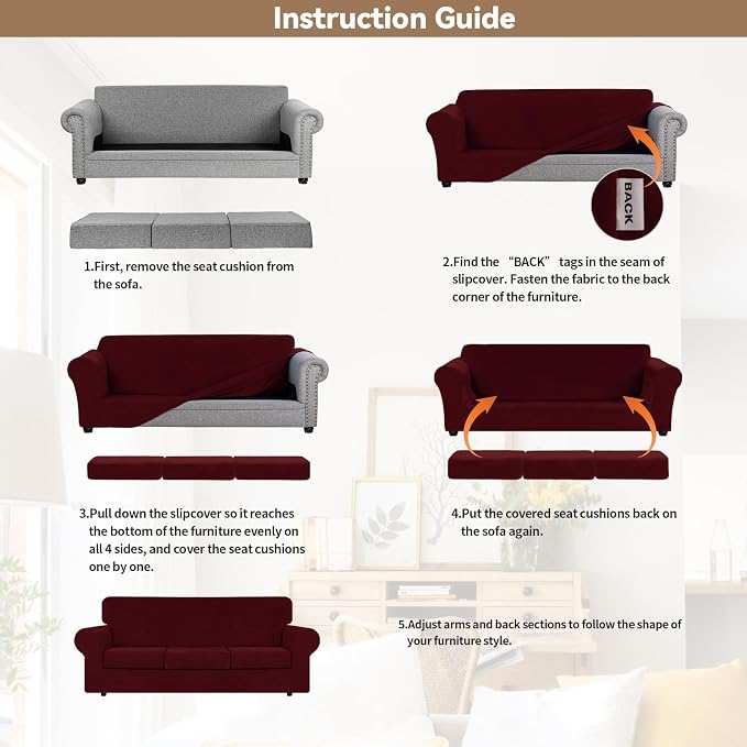 WEERRW 4 Pieces Couch Cover for Sofa Velvet Sofa Covers Washable, Burgundy | Sofa Covers for 3 Cushion Couch Furniture Protector Sofa Slipcovers with Non Slip Elastic Bottom, Pet Friendly, Large