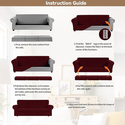 WEERRW 4 Pieces Couch Cover for Sofa Velvet Sofa Covers Washable, Burgundy | Sofa Covers for 3 Cushion Couch Furniture Protector Sofa Slipcovers with Non Slip Elastic Bottom, Pet Friendly, Large
