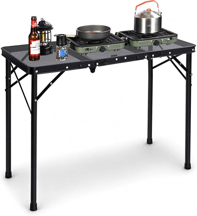 REDCAMP Triple Foldable Grill Table, 34x16 Inches Outdoor Camping Table | 3 Heights Adjustable, Lightweight Metal Frame, Portable Foldable Design, For Picnic BBQ Cooking Outdoor Use