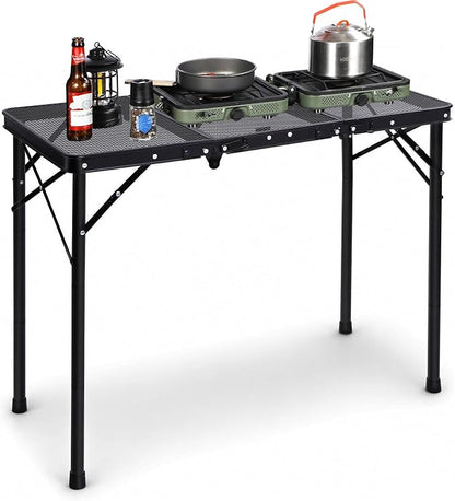 REDCAMP Triple Foldable Grill Table, 34x16 Inches Outdoor Camping Table | 3 Heights Adjustable, Lightweight Metal Frame, Portable Foldable Design, For Picnic BBQ Cooking Outdoor Use