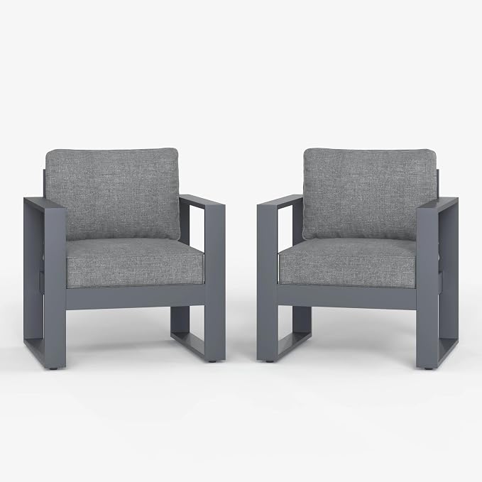 LayinSun Outdoor Patio Aluminum Chair, Metal Modern Armchair Set of 2 with Washable Thick Cushions