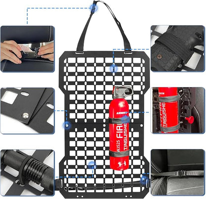 Rigid Molle Panels For Vehicles Truck Mount Rack Panel with Fire Extinguisher Mout & Hook and Loop Fasteners & Elastic Rope Tactical Seat Back Organizer Adjustable Versatile Panel