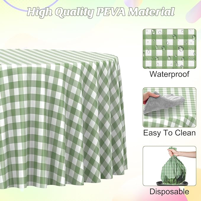 6 Pcs Sage Green Gingham Tablecloths 84 inch Checkered Round Tablecloths | Disposable Waterproof Green Round Gingham Tablecloths for Baby & Bridal Shower Picnic Camping Barbecue Birthday Party,84 Inch