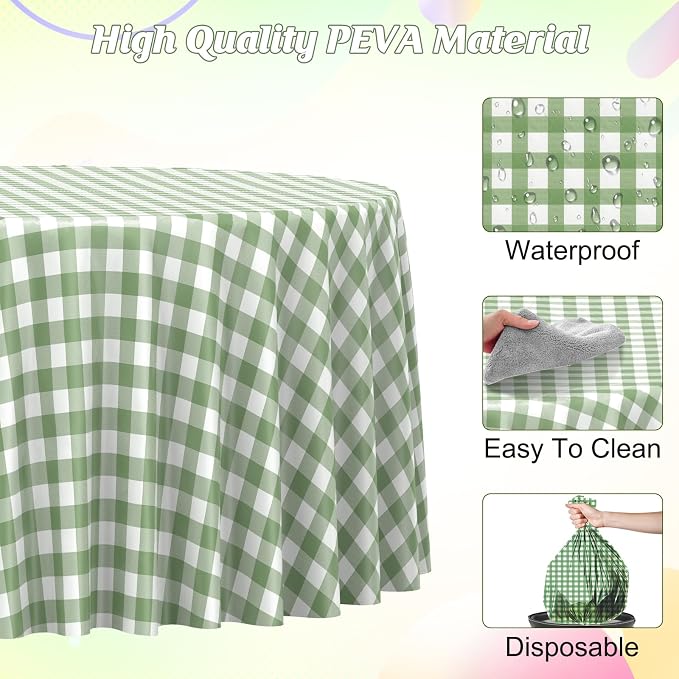 12 Pcs Sage Green Gingham Tablecloths 84 inch Checkered Round Tablecloths | Disposable Waterproof Green Round Gingham Tablecloths for Baby & Bridal Shower Picnic Camping Barbecue Birthday Party,84 Inch