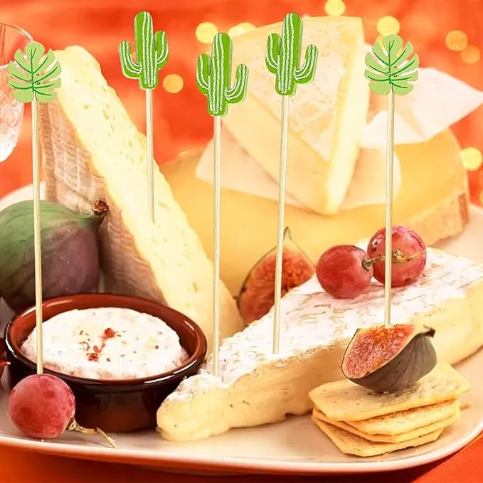 150 PCS Green Cocktail Picks Cactus Cute Handmade Sticks Bamboo Wooden Leaf Toothpicks Summer Party Decorations Appetizer Skewers
