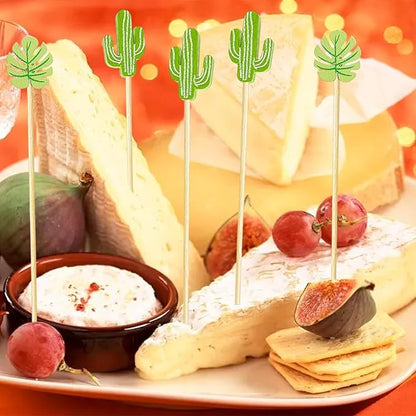150 PCS Green Cocktail Picks Cactus Cute Handmade Sticks Bamboo Wooden Leaf Toothpicks Summer Party Decorations Appetizer Skewers