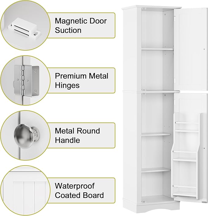 Function Home Tall Bathroom Storage Cabinet, 64" Slim Kitchen Pantry with Door Storage, Narrow Wood Freestanding Cabinets with Adjustable Shelves for Kitchen Living Room Dining Room, White