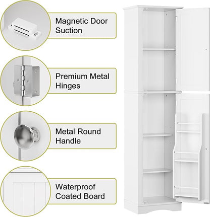Function Home Tall Bathroom Storage Cabinet, 64" Slim Kitchen Pantry with Door Storage, Narrow Wood Freestanding Cabinets with Adjustable Shelves for Kitchen Living Room Dining Room, White