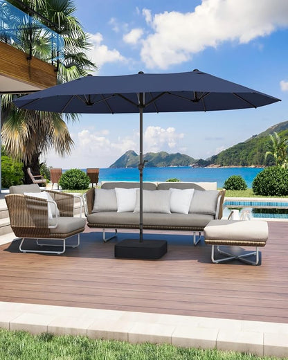 GDPFN 15ft Patio Umbrella with Base Include, Large Outdoor Double-Sided Rectangle Umbrella with Easy Crank Handle for Poolside, Garden & Deck - Navy Blue