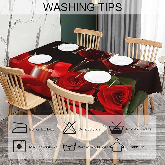 Wine Table Cloth Rectangle Table 52"X70", Romantic Red Wine Glasses Rose Wipeable Table Cover for Dinner Kitchen, Indoor Outdoor Tablecloth for Party Banquets Weddings