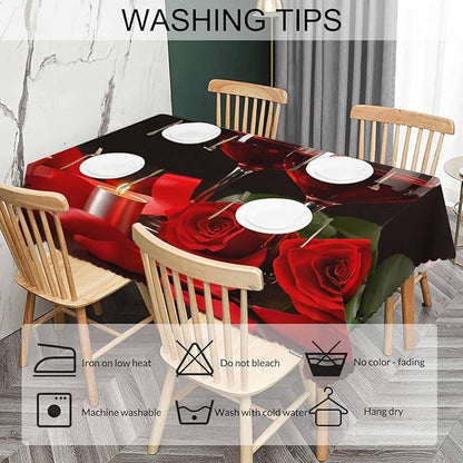 Wine Table Cloth Rectangle Table 52"X70", Romantic Red Wine Glasses Rose Wipeable Table Cover for Dinner Kitchen, Indoor Outdoor Tablecloth for Party Banquets Weddings