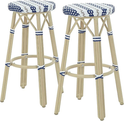 Seadrift Boho 30-inch Aluminum and All-Weather Wicker Barstools with Footrest, Patio Stools & Bar Chairs for Outdoor, Kitchen Counter, Poolside, Yard, Set of 2, Navy Blue and White