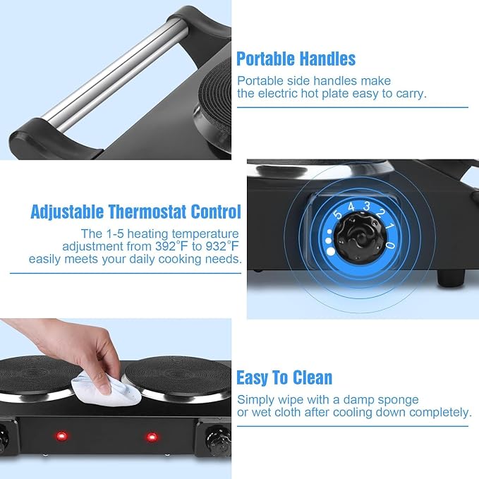 2000W Electric Dual Burner Portable Coil Heating Hot Plate Stove Countertop RV Hotplate with 5 Temperature Adjustments Porta-ble Handles
