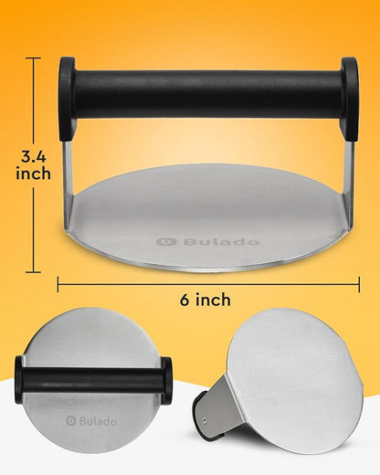 Bulado Burger Press, 6'' Round Burger Smasher for Griddle with Heat-resistant Handle, Stainless Steel Non-stick Hamburger Smasher Tool for Flat Top Griddle, Grill, BBQ, Cooking, Gift Package