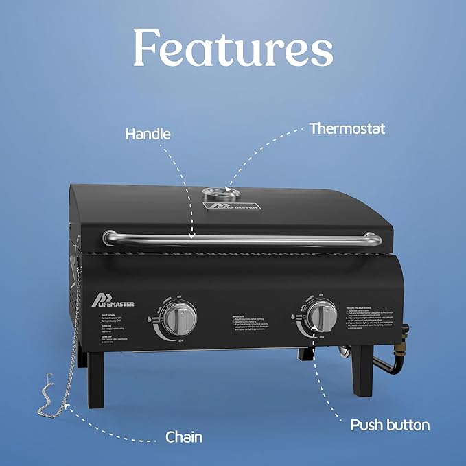 Black Portable Gas Grill, Dual 10,000 BTU Burners, 275 Sq.In Cooking Space, Push-to-Start Ignition, Wind-Proof Lid with Built-in Thermometer, Perfect for Camping Tailgates & Backyard BBQ Cookouts