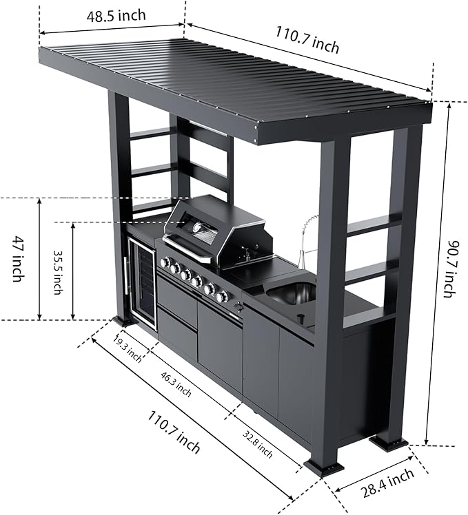 110-Inch 4-Burner 72000 BTU Stainless Steel Natural Gas Grill Outdoor Kitchen Island with Canopy,485Sq.In Cooking Area,Wine Cooler,Refrigerator,Rotisserie,For Backyard BBQ,Black