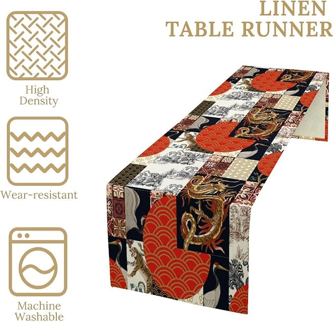 Japanese Table Runner Asian Traditional Dragon Tiger Pattern Patchwork Dinner Runner for Farmhouse Kitchen Dinner Table Haliday Party Decoration 13x60in