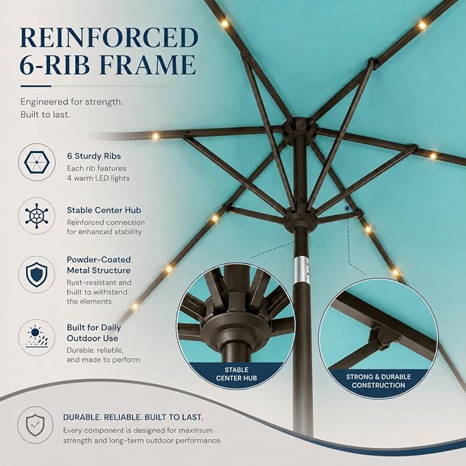 6.5 x 10ft Rectangular Patio Umbrella with Solar Lights, 16 LED Lighted Market Umbrella with Push-Button Tilt and Crank, 6 Sturdy Iron Ribs for Garden, Deck, Pool, Aqua Blue