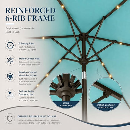 6.5 x 10ft Rectangular Patio Umbrella with Solar Lights, 16 LED Lighted Market Umbrella with Push-Button Tilt and Crank, 6 Sturdy Iron Ribs for Garden, Deck, Pool, Aqua Blue