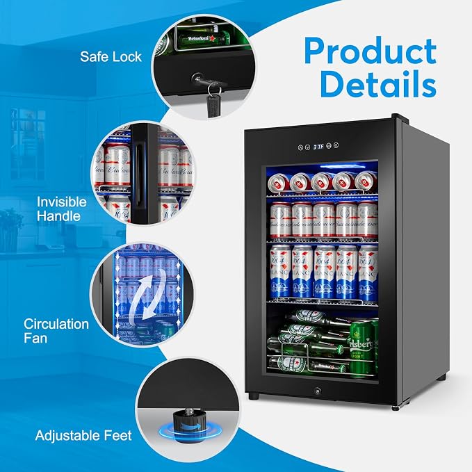 FoMup Beverage Refrigerator 17 inch Wide - 126 Can Beverage Cooler with Glass Door | Counter-Top/Freestanding Mini Beverage Beer Fridge | Temperature Memory | Invisible Door | Perfect for Soda,Beer