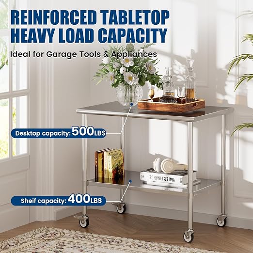 Stainless Steel Work Table with Wheels, 30x48 Inch NSF Kitchen Prep Table with Adjustable Undershelf for Commercial Restaurant, Garage, Outdoor BBQ