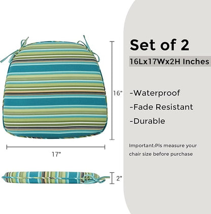 Outdoor Chair Cushions Set of 2,Patio Seat Cushion 17"x16"x2",U-Shaped Dining Chair Cushion 17 by 16 Inch,Water Resistant,Fade-Resistant Chair Pads for Kitchen Garden Furniture(Green Stripe)