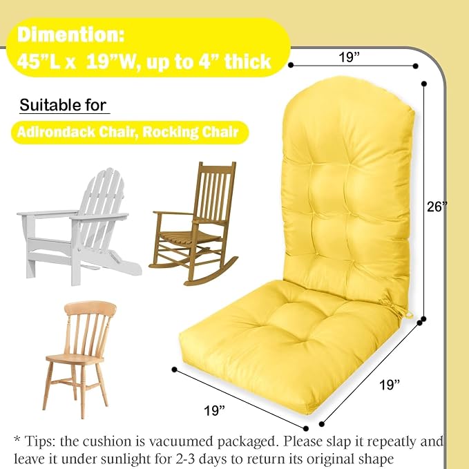 Adirondack Chair Seat Cushion for Outdoor Patio Wicker Porch Furniture | Waterproof cover with straps, PP cotton, high back thick seat pad for adirondack rocking chair lawn indoor outdoor 44x19x4