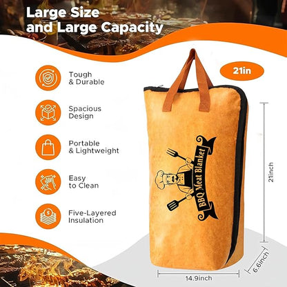 21 Inch BBQ Meat Blanket - Insulated Meat Resting Bag for Brisket, Pork Shoulder & Turkey | Reusable Smoker Grill Accessories | Portable Thermal BBQ Bag with Handles for Tailgating & Camping