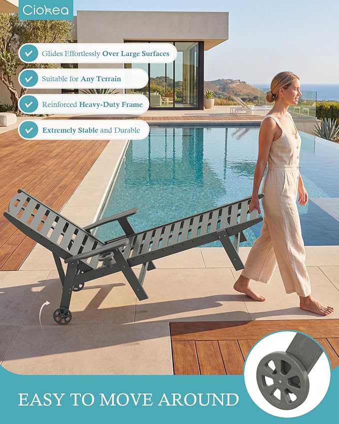 Lounge Chair Outdoor with Wheels & Cup Holder, 5-Position Adjustable Heavy Duty Patio Lounge Chair, HDPE Outdoor Chaise Lounge, 350 lbs Capacity, All Weather for Poolside, Deck, Backyard (Grey)